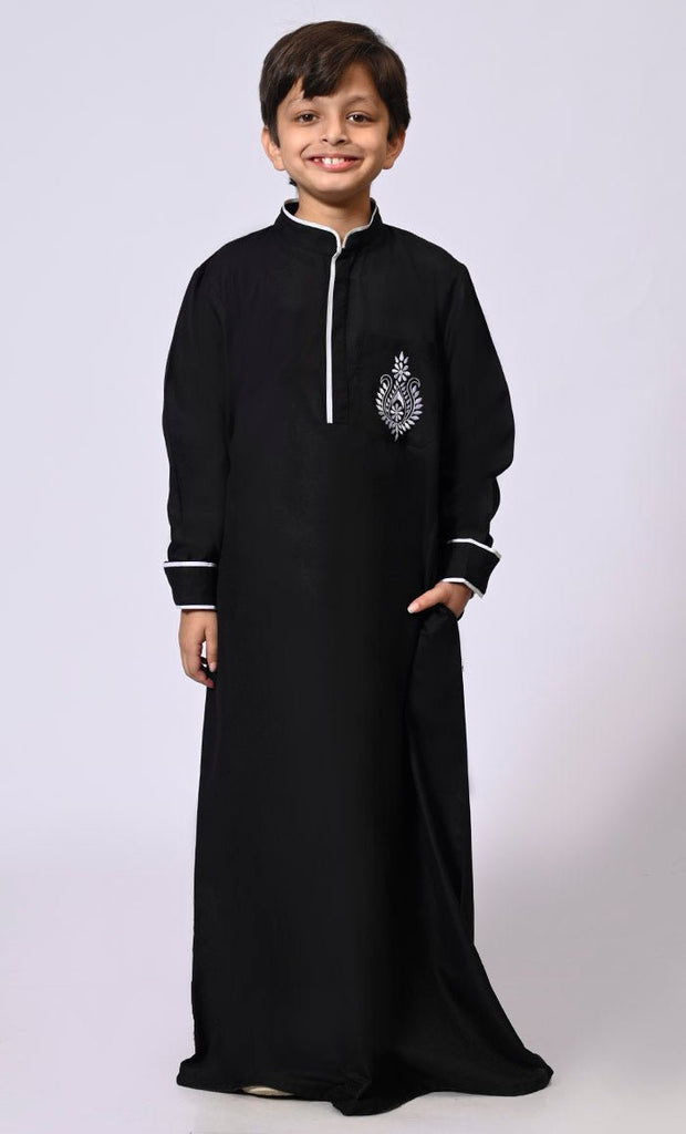 Elevated Elegance: Embroidered Boy's Black Thobe with Contrast Accents - EastEssence.com