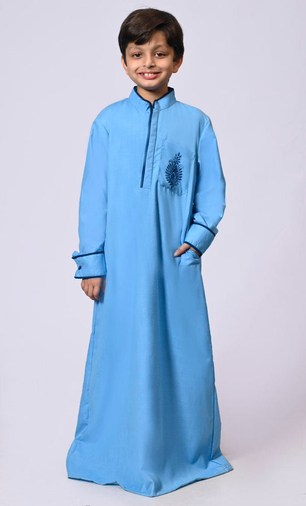 Elevated Elegance: Embroidered Boy's Blue Thobe with Contrast Accents - EastEssence.com