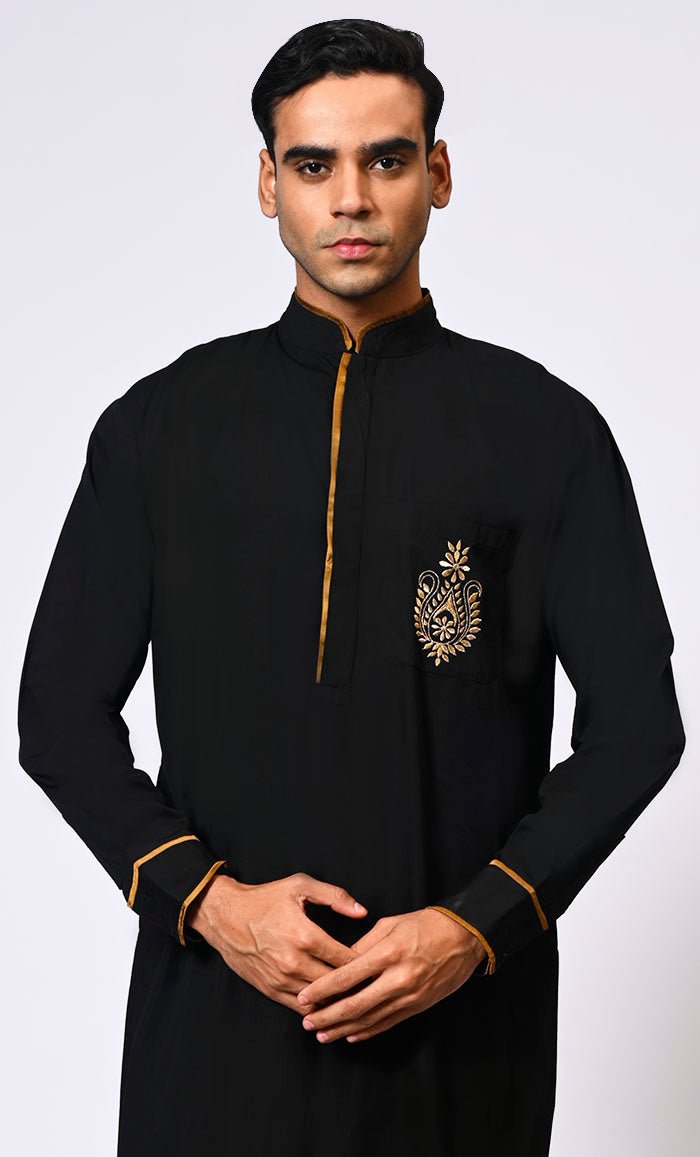 Embroidered Men's Black Thobe