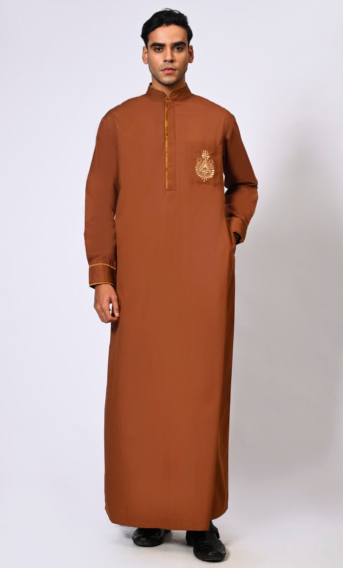 Elevated Elegance: Embroidered Men's Brown Thobe with Contrast Accents - EastEssence.com