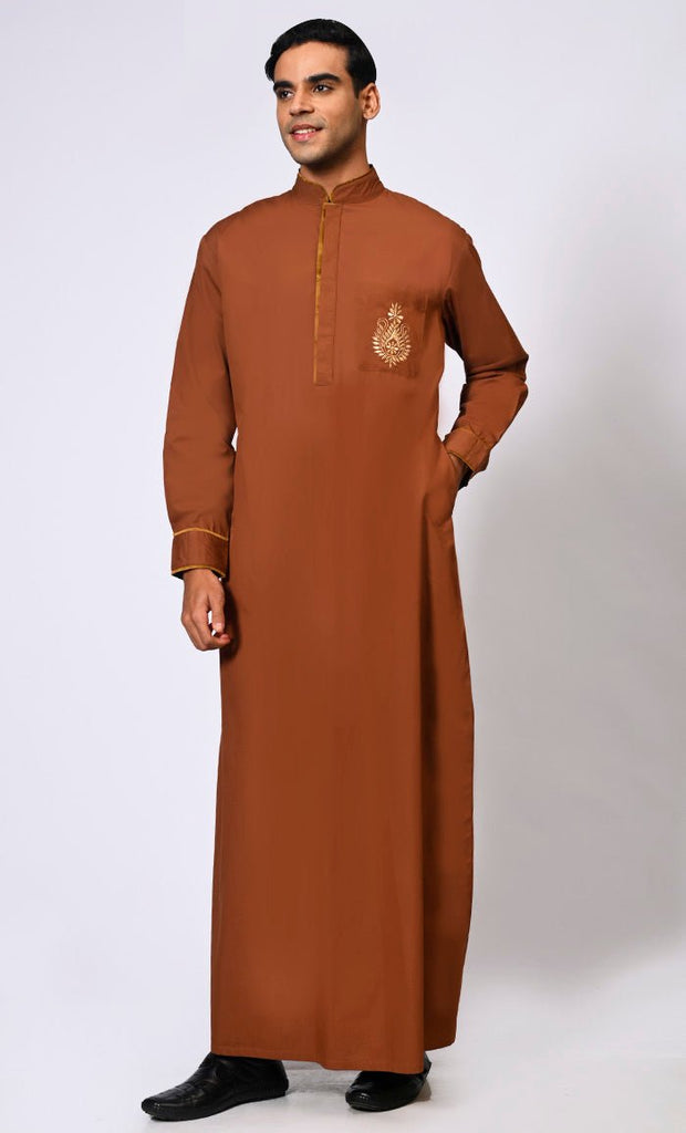 Elevated Elegance: Embroidered Men's Brown Thobe with Contrast Accents - EastEssence.com