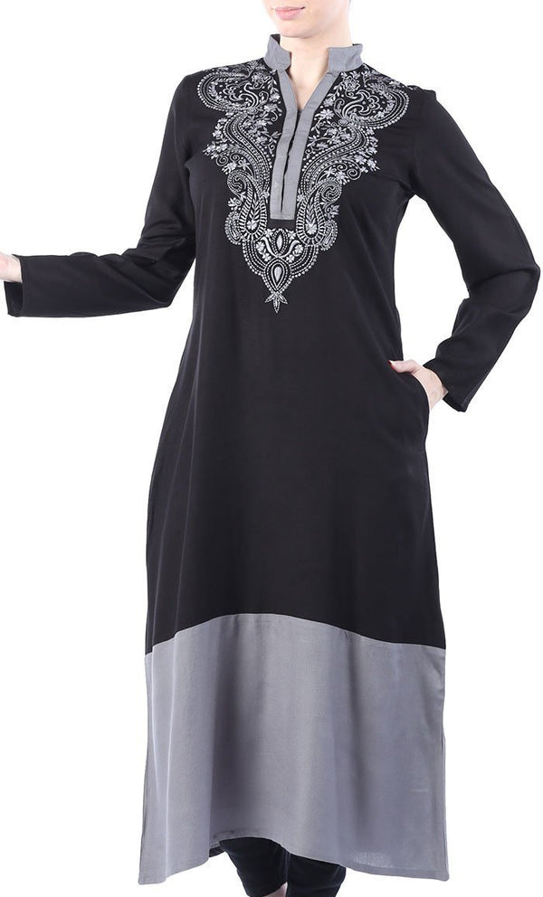 Embroidered Color Block Kurti Kaftan - EastEssence.com
