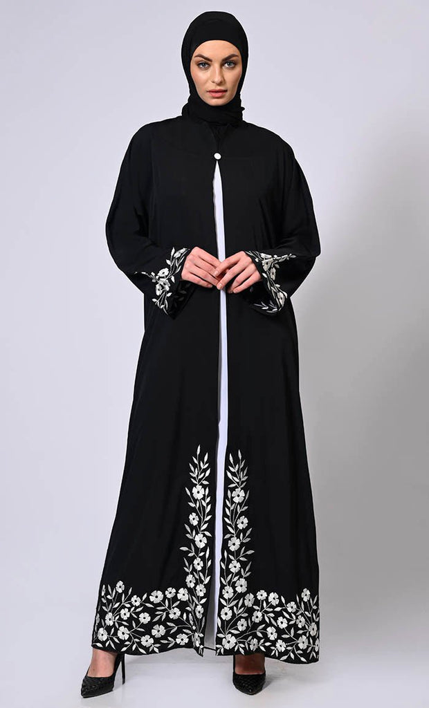 Embroidered Enchantment: Graceful Black Abaya with Delicate Details and Belt - EastEssence.com