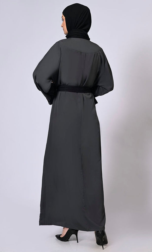 Embroidered Enchantment: Graceful Grey Abaya with Delicate Details and Belt - EastEssence.com