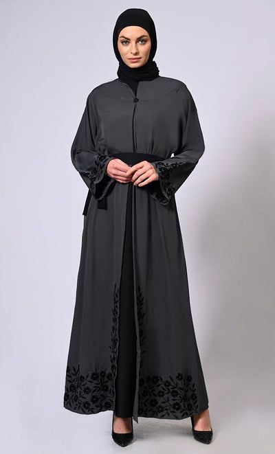 Embroidered Enchantment: Graceful Grey Abaya with Delicate Details and Belt - EastEssence.com