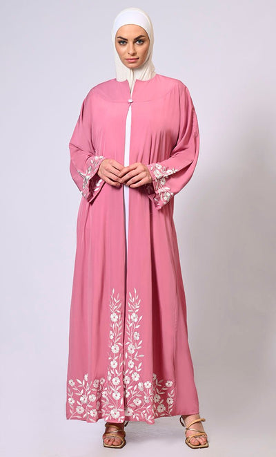 Embroidered Enchantment: Graceful Pink Abaya with Delicate Details and Belt - EastEssence.com