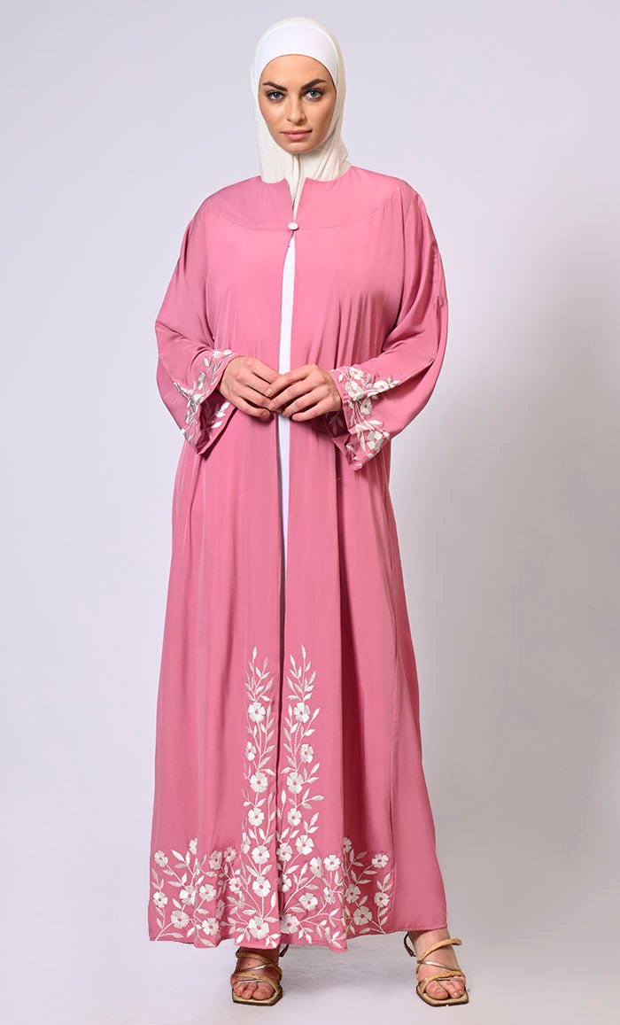 Embroidered Enchantment: Graceful Pink Abaya with Delicate Details and Belt - EastEssence.com