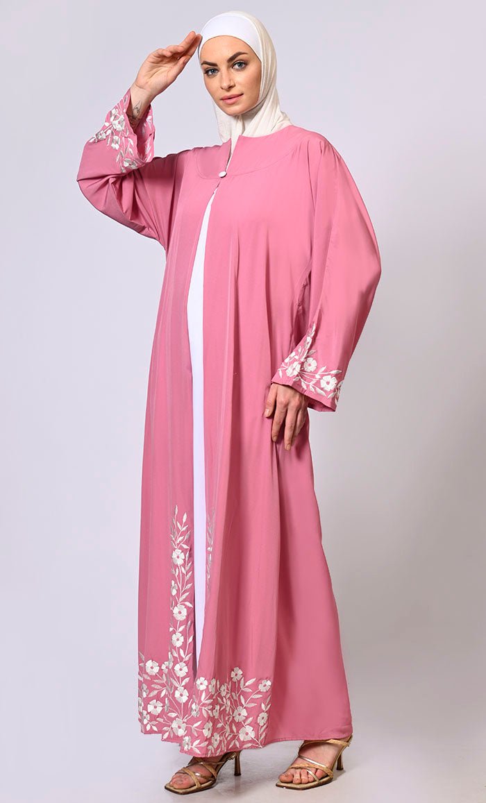 Embroidered Enchantment: Graceful Pink Abaya with Delicate Details and Belt - EastEssence.com