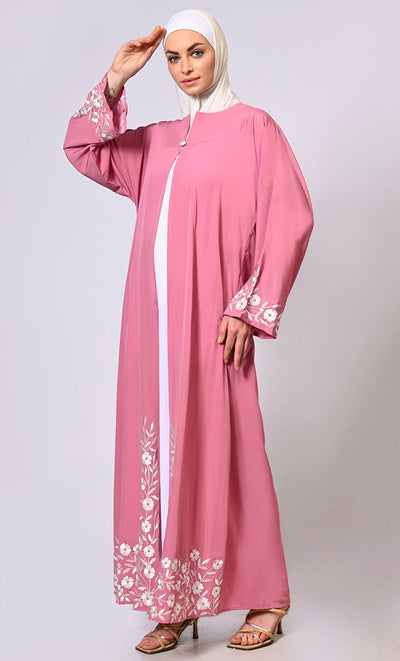 Embroidered Enchantment: Graceful Pink Abaya with Delicate Details and Belt - EastEssence.com