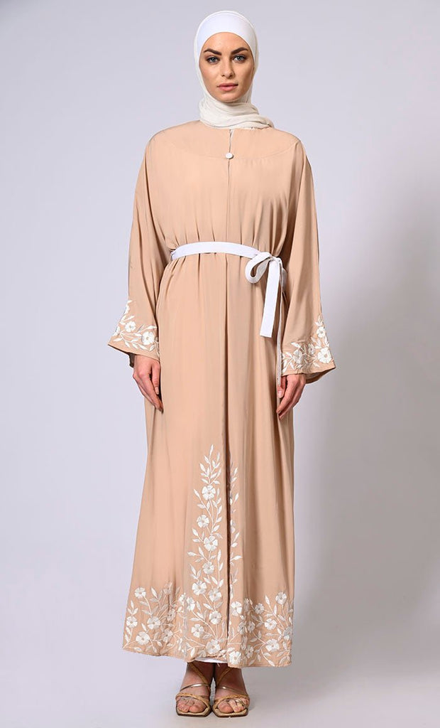 Embroidered Enchantment: Graceful Sand Abaya with Delicate Details and Belt - EastEssence.com