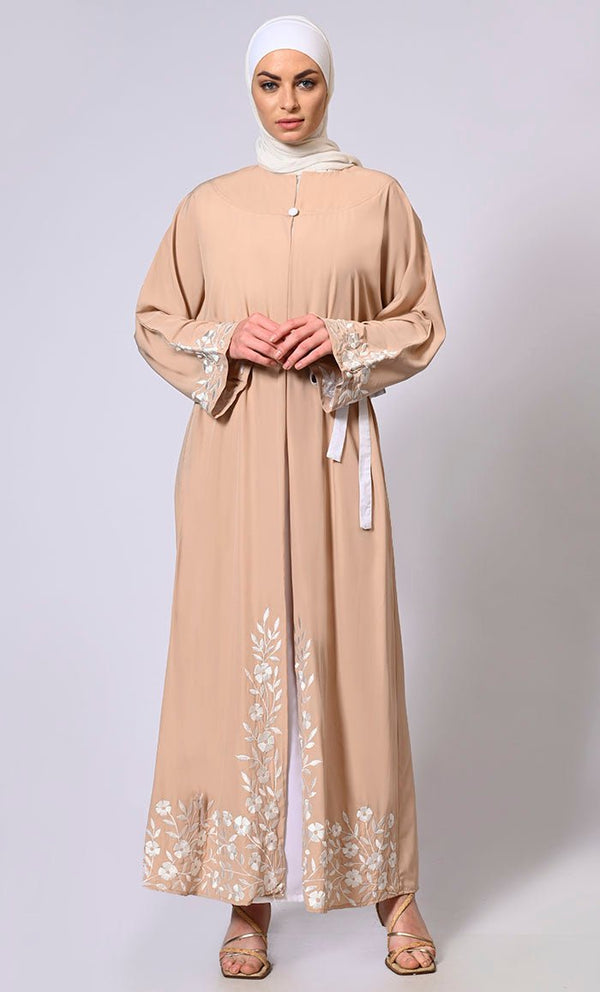 Embroidered Enchantment: Graceful Sand Abaya with Delicate Details and Belt - EastEssence.com