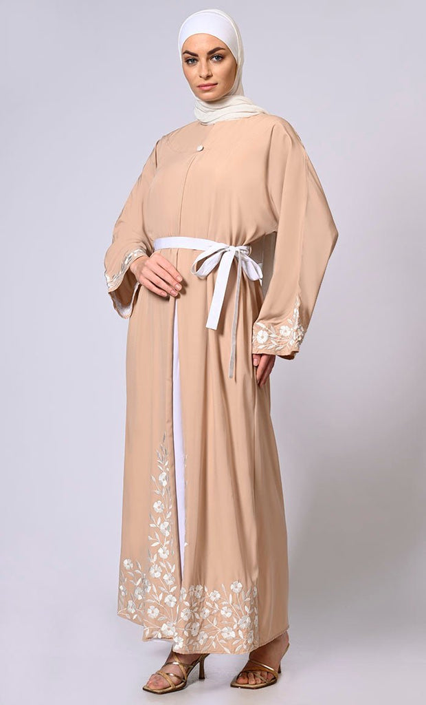 Embroidered Enchantment: Graceful Sand Abaya with Delicate Details and Belt - EastEssence.com