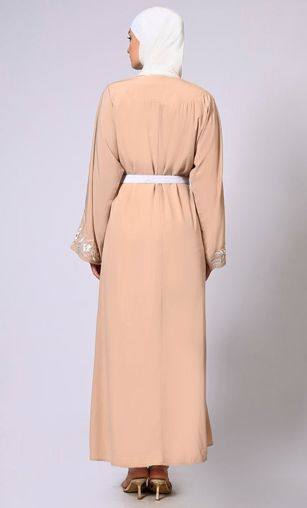 Embroidered Enchantment: Graceful Sand Abaya with Delicate Details and Belt - EastEssence.com