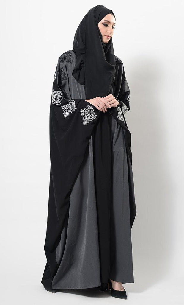 Embroidered Motifs Kimono Sleeves Abaya Dress And Hijab Set - EastEssence.com
