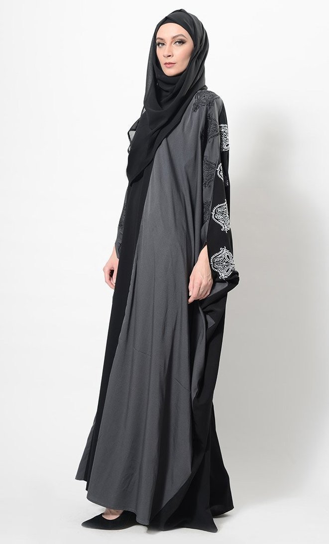 Embroidered Motifs Kimono Sleeves Abaya Dress And Hijab Set - EastEssence.com