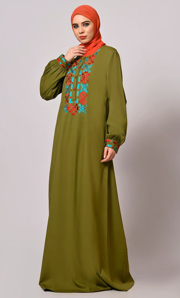 Embroidered Opulence: Basil Green Abaya with Practical Pockets - EastEssence.com