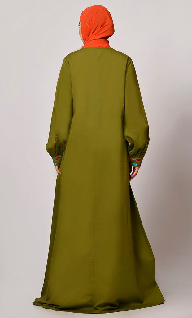 Embroidered Opulence: Basil Green Abaya with Practical Pockets - EastEssence.com