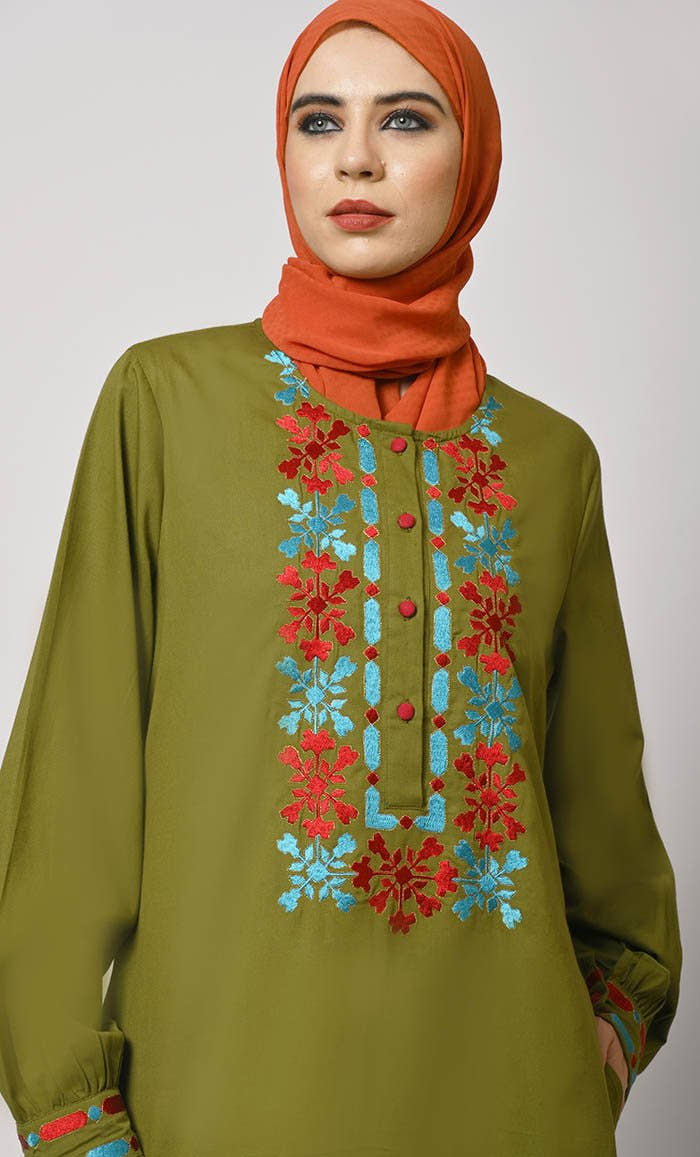 Embroidered Opulence: Basil Green Abaya with Practical Pockets - EastEssence.com