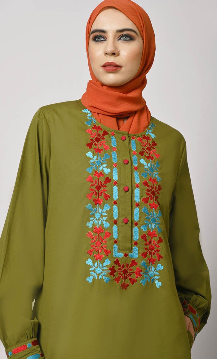 Embroidered Opulence: Basil Green Abaya with Practical Pockets - EastEssence.com