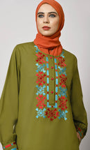Embroidered Opulence: Basil Green Abaya with Practical Pockets - EastEssence.com