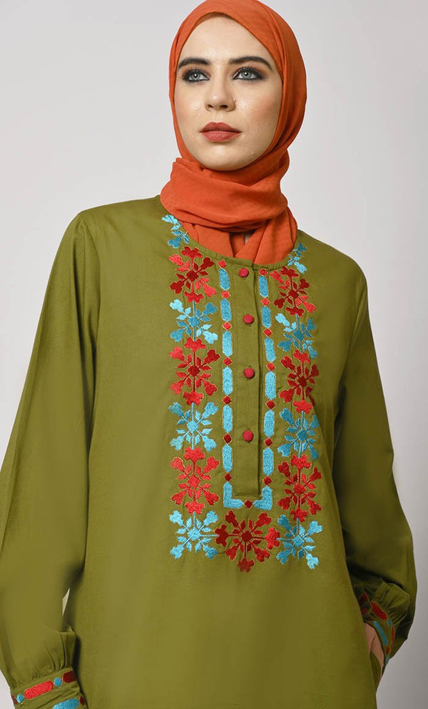 Embroidered Opulence: Basil Green Abaya with Practical Pockets - EastEssence.com