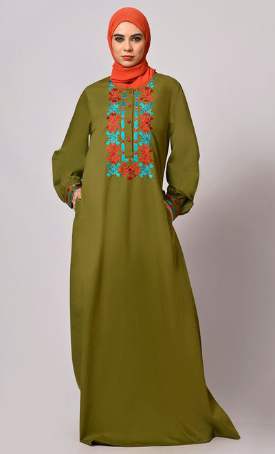 Embroidered Opulence: Basil Green Abaya with Practical Pockets - EastEssence.com