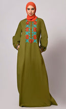 Embroidered Opulence: Basil Green Abaya with Practical Pockets - EastEssence.com