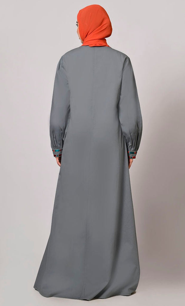 Embroidered Opulence: Grey Abaya with Practical Pockets - EastEssence.com