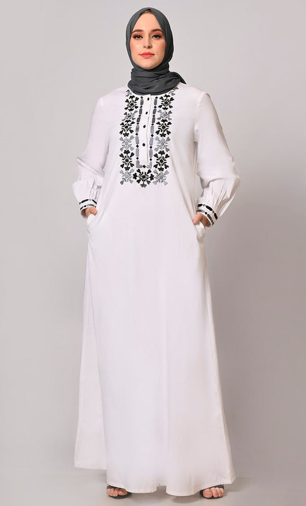 Embroidered Opulence: White Abaya with Practical Pockets - EastEssence.com