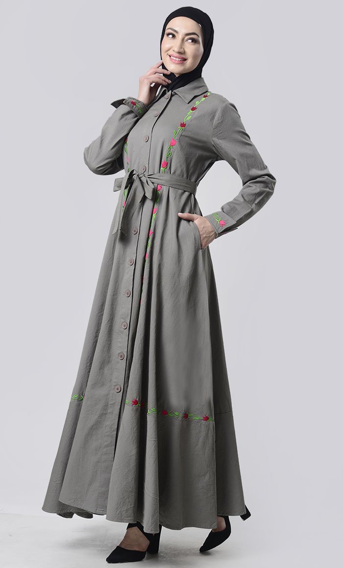 Embroidered Twill Abaya With Pockets - EastEssence.com