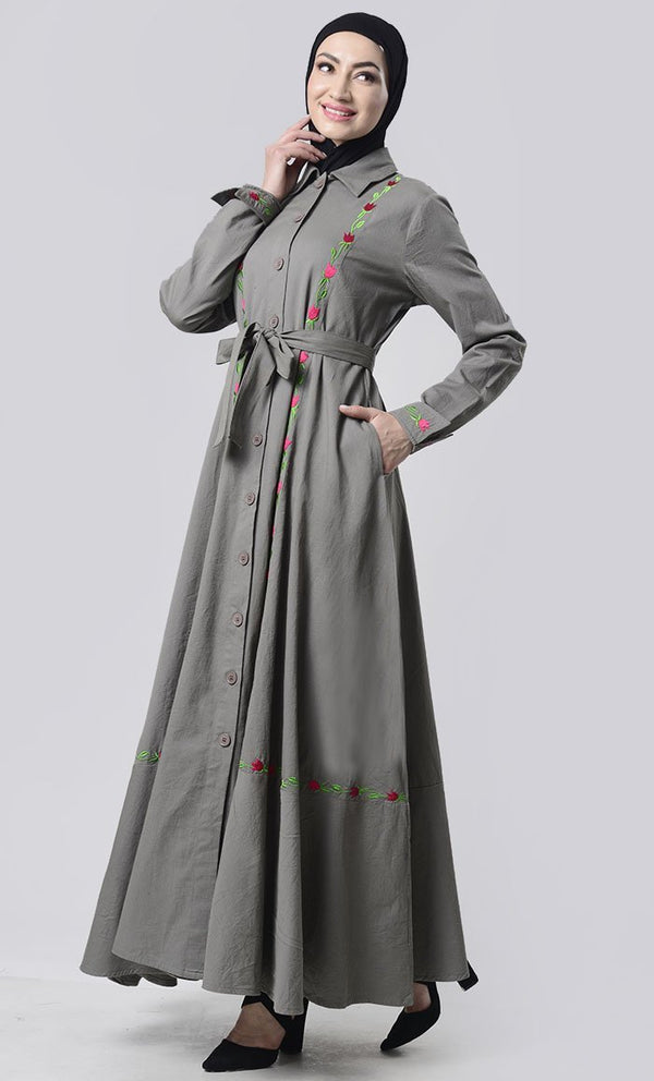 Embroidered Twill Abaya With Pockets - EastEssence.com