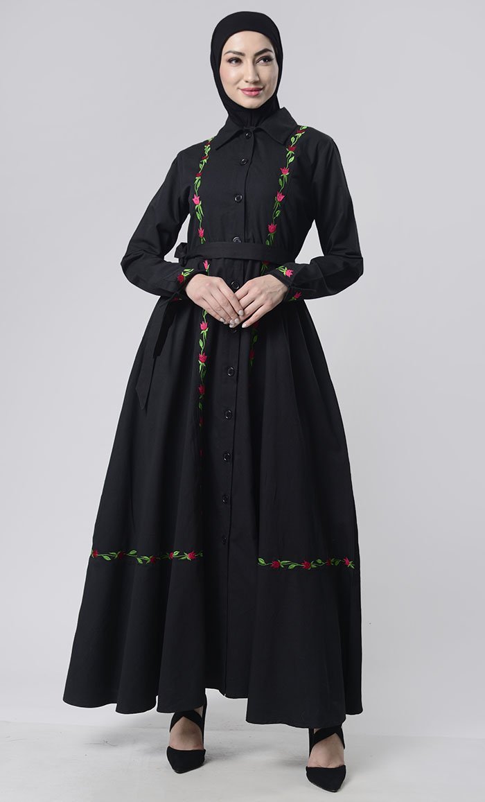 Embroidered Twill Abaya With Pockets - EastEssence.com