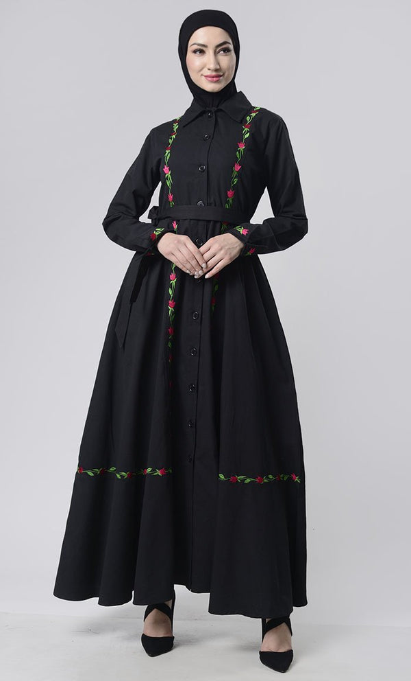 Embroidered Twill Abaya With Pockets - EastEssence.com