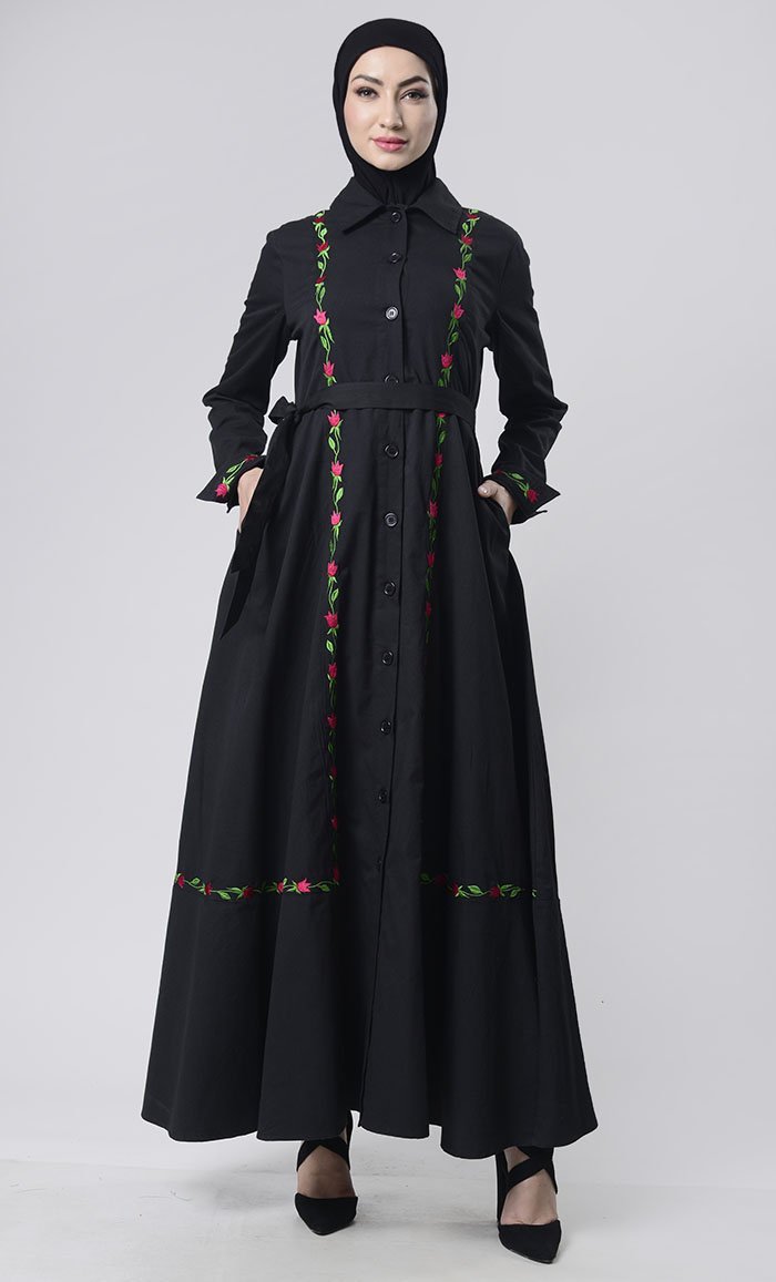 Embroidered Twill Abaya With Pockets - EastEssence.com