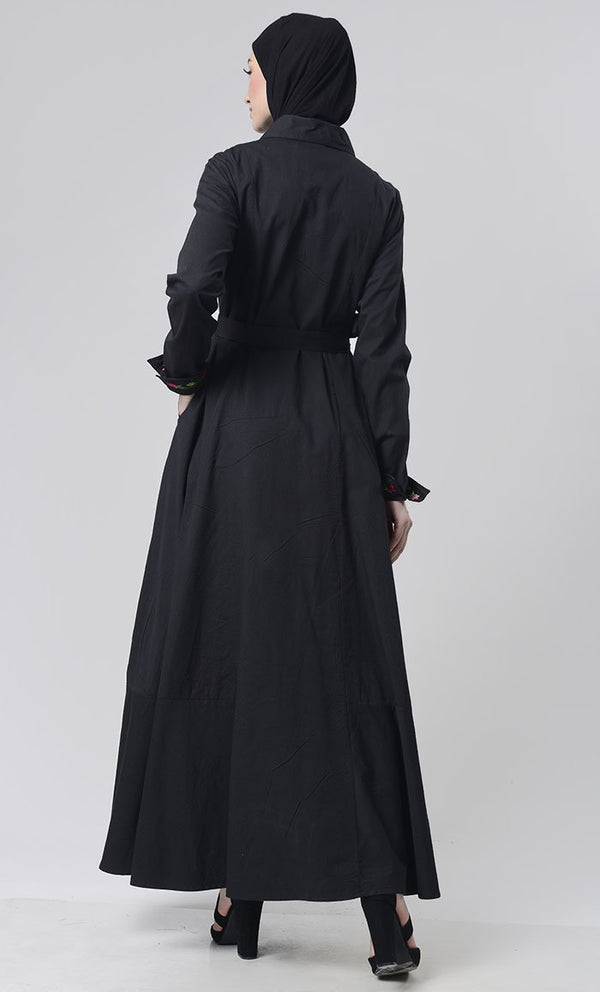 Embroidered Twill Abaya With Pockets - EastEssence.com