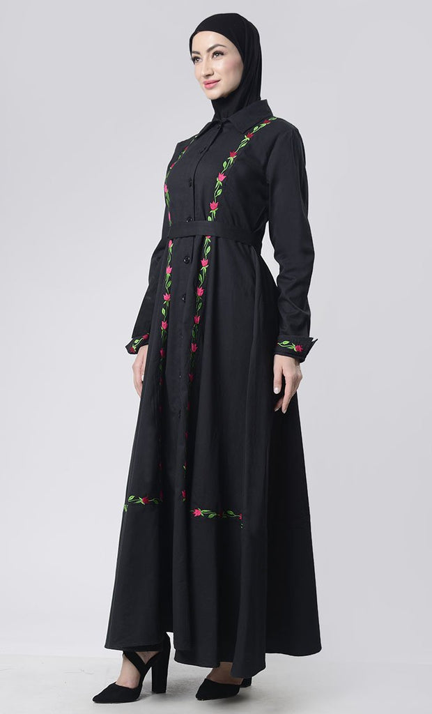 Embroidered Twill Abaya With Pockets - EastEssence.com