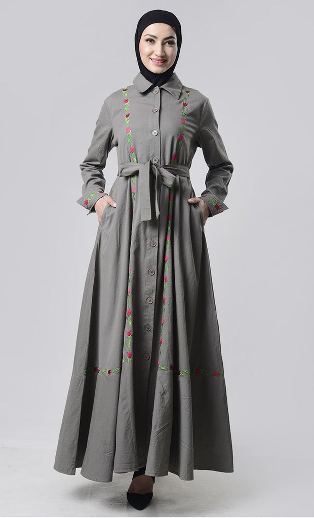 Embroidered Twill Abaya With Pockets - EastEssence.com
