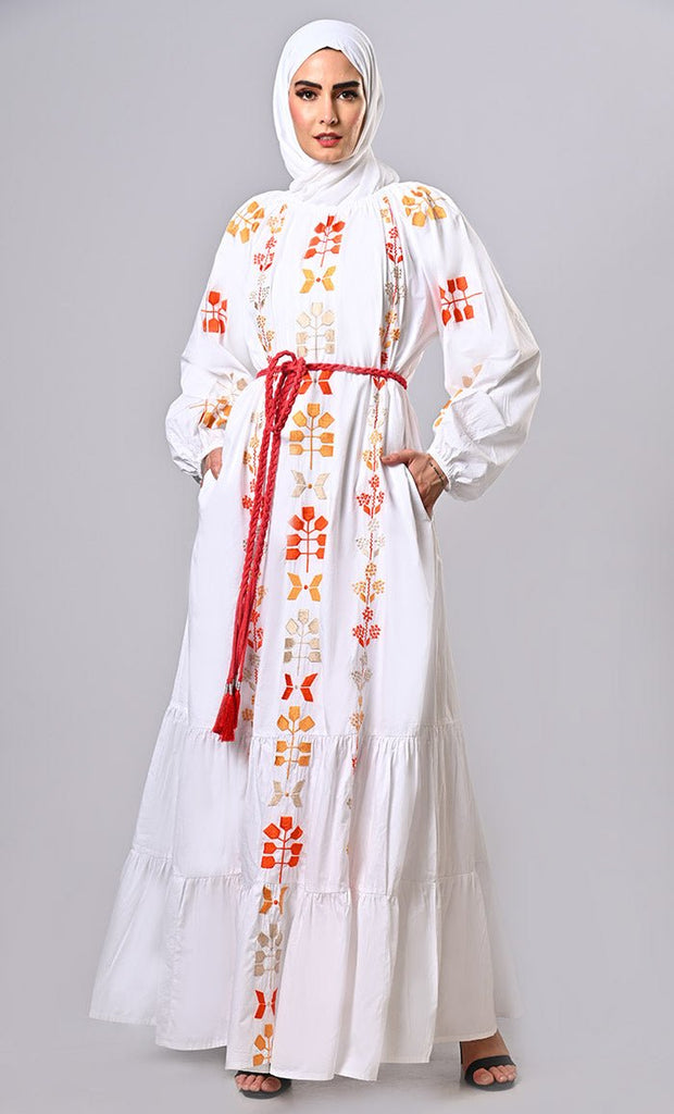 Enchanting Reverie: Bohemian Machine-Embroidered Heavy Abaya with braided belt - EastEssence.com