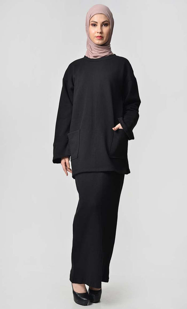 Everyday Fall Skirt Hoodie Set-Black - EastEssence.com