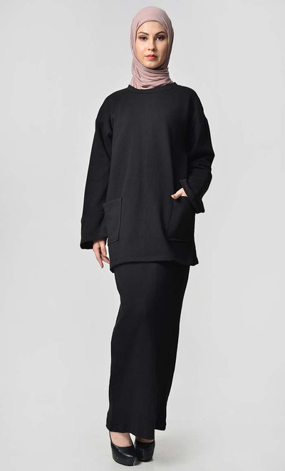 Everyday Fall Skirt Hoodie Set-Black - EastEssence.com