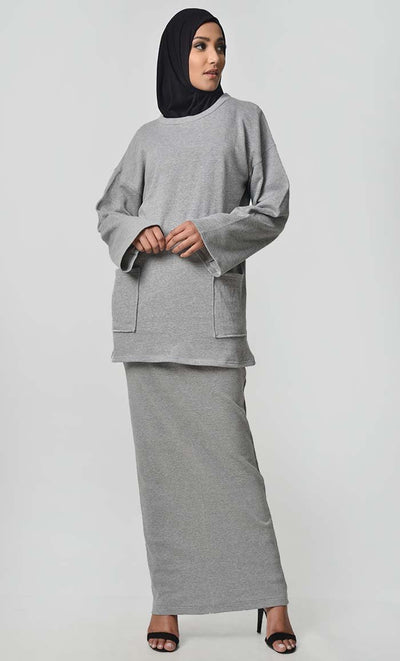 Everyday Fall Skirt Hoodie Set-Grey - EastEssence.com