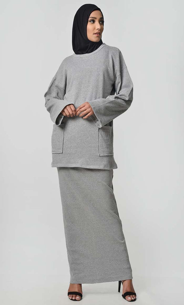 Everyday Fall Skirt Hoodie Set-Grey - EastEssence.com