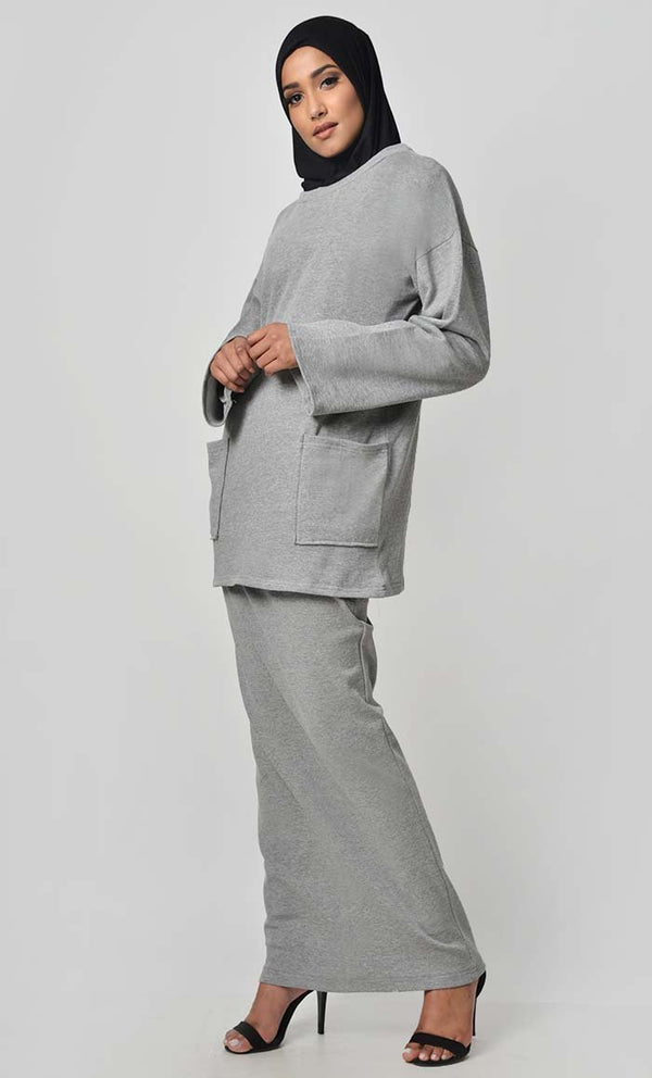 Everyday Fall Skirt Hoodie Set-Grey - EastEssence.com