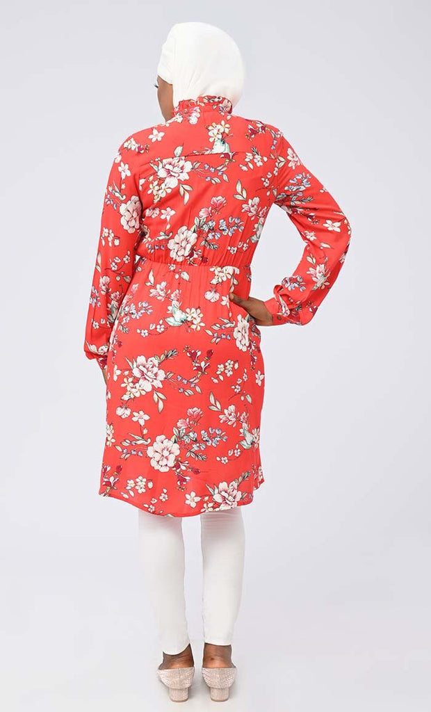 Everyday Wear Red Printed Tunic With Pockets - EastEssence.com