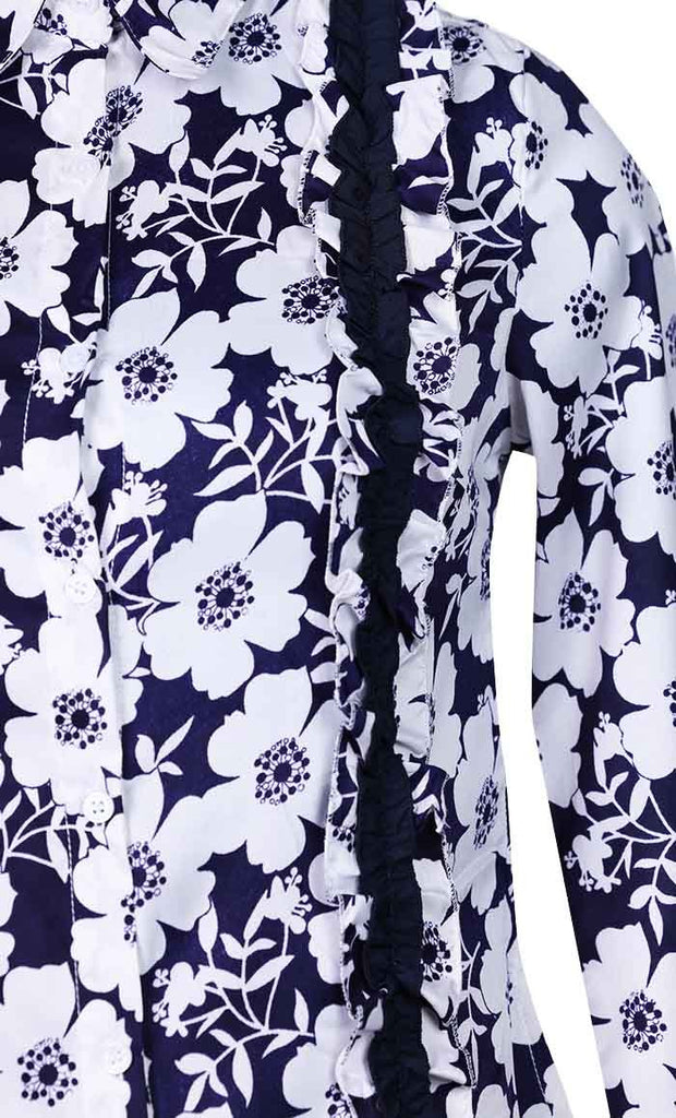 Everydaywear Floral White And Blue Printed Button Down Tunic - EastEssence.com