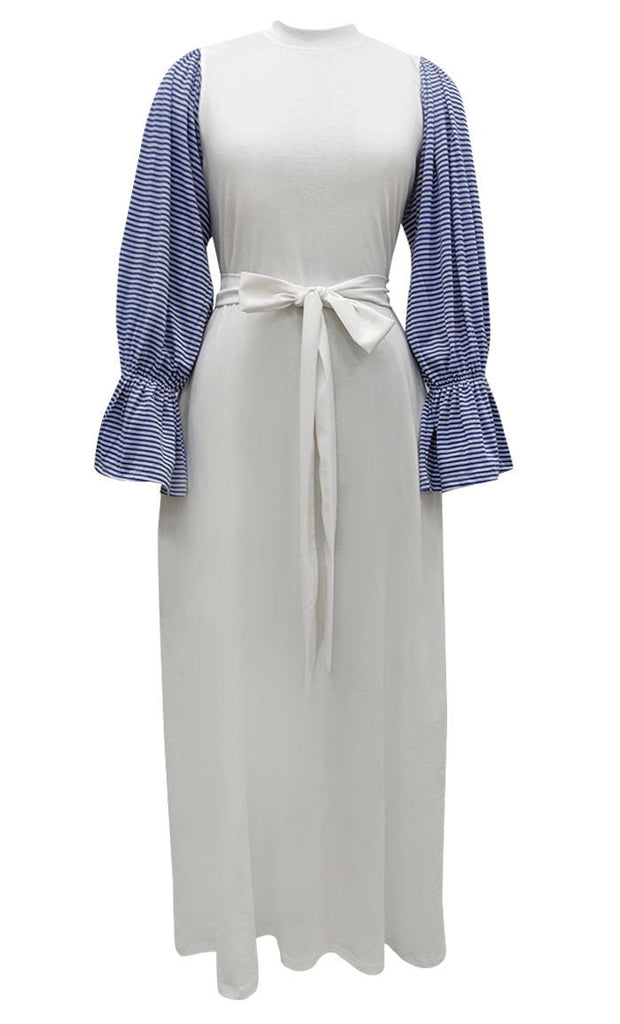 Everydaywear White And Blue Cotton Jersey Abaya With Pockets - EastEssence.com