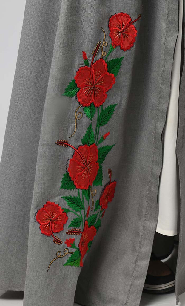 Exclusive Grey Chambrey Embroidered Shrug/Bihst Abaya - EastEssence.com