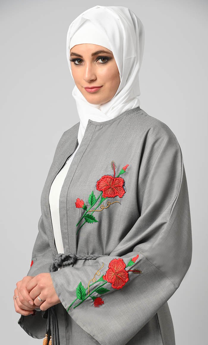 Exclusive Grey Chambrey Embroidered Shrug/Bihst Abaya - EastEssence.com
