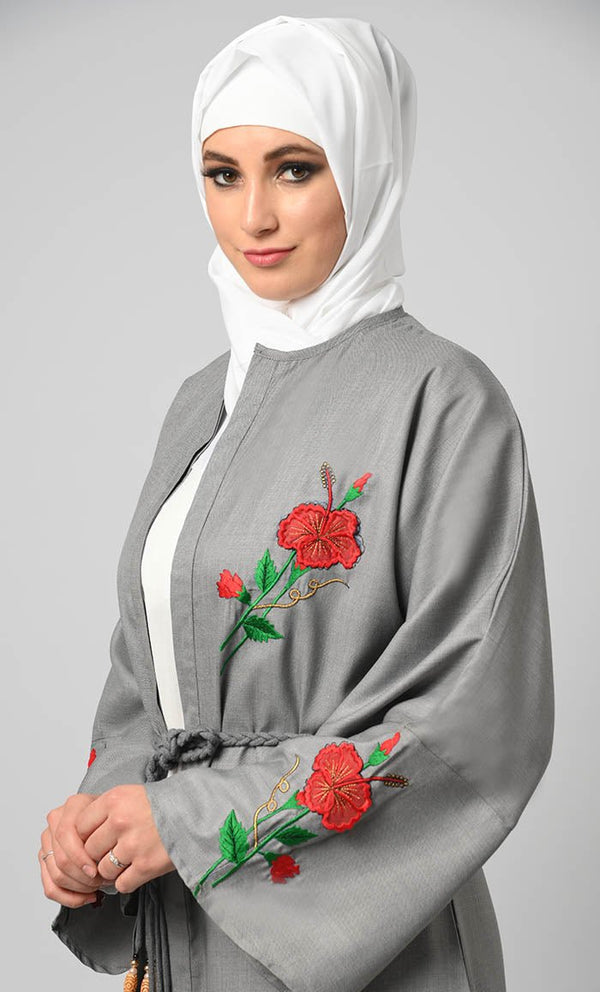 Exclusive Grey Chambrey Embroidered Shrug/Bihst Abaya - EastEssence.com