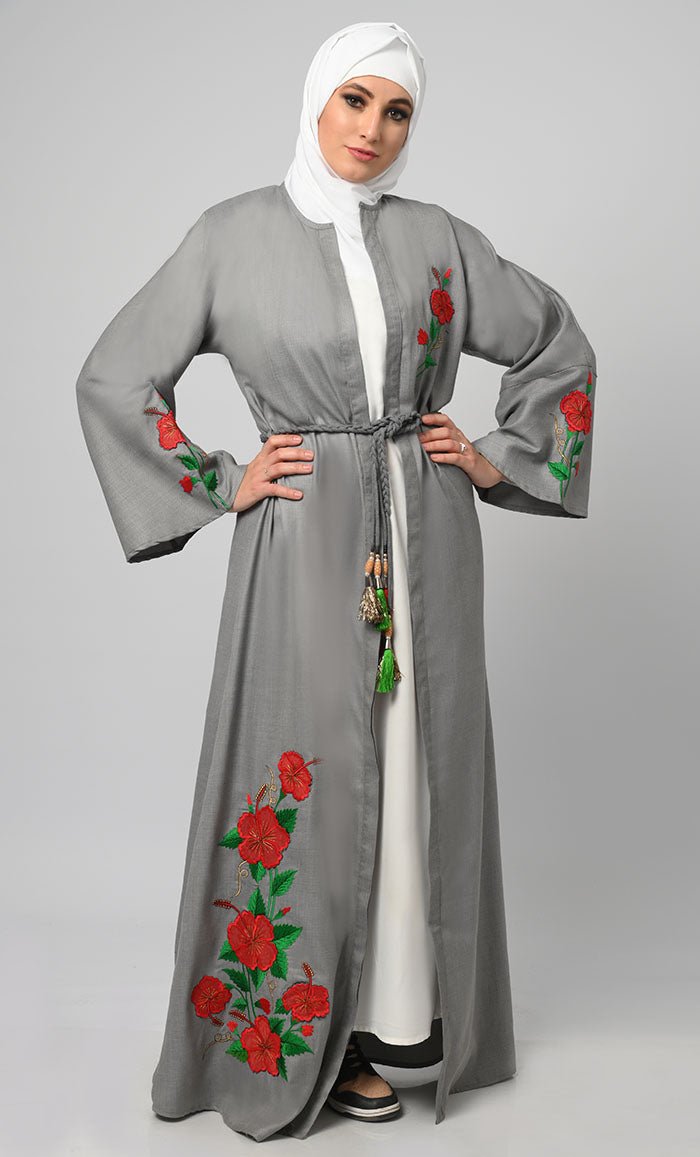 Exclusive Grey Chambrey Embroidered Shrug/Bihst Abaya - EastEssence.com